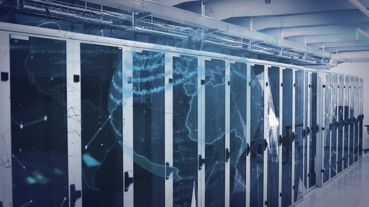 Animation of globe and data processing over computer servers