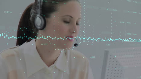 animation of statistics and data processing over businesswoman wearing phone headset