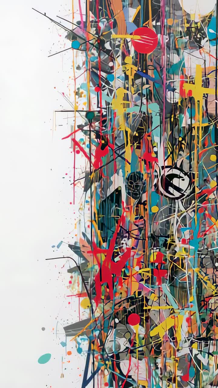 Vertical video: Panning camera revealing abstract mural on white wall, showcasing drips and crosses
