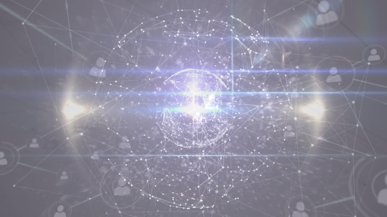 Animation of network of connections with icons and shapes on blue background