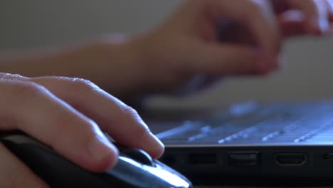 female hands typing in laptop keyboard next window, office concept