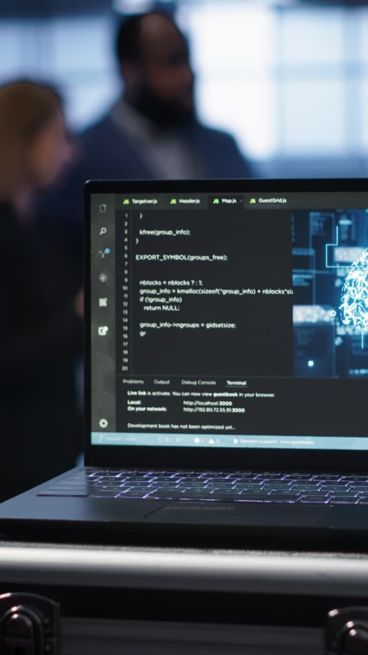 Laptop Screen Displaying Code and Digital Brain Graphic