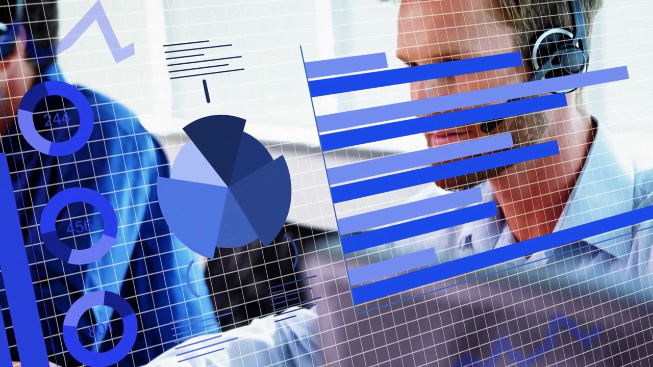 Right-side male moving hand on trackpad, activating business analytics with blue charts over desk