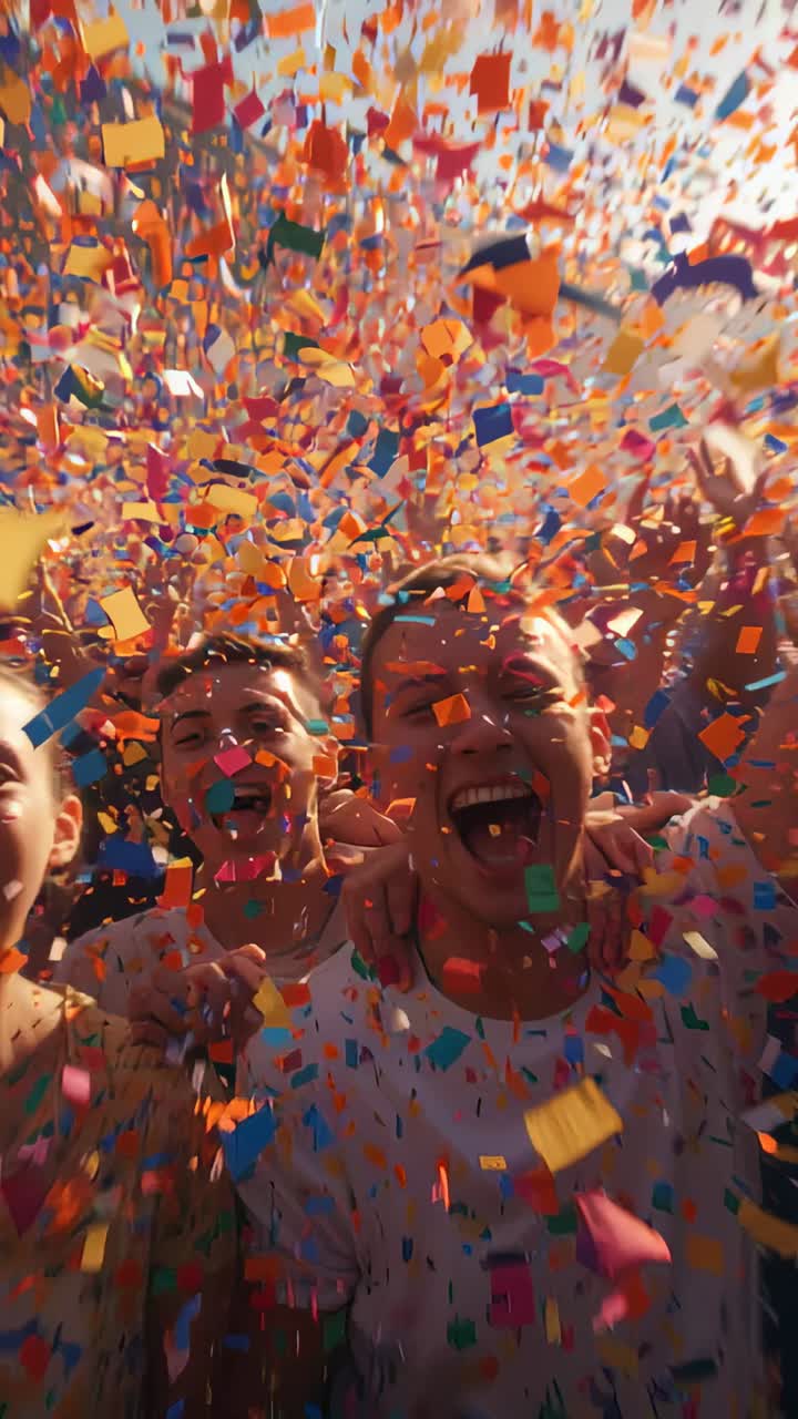 Vertical video: Reacting to confetti burst, two men leaning to camera, hugging, shouting at concert