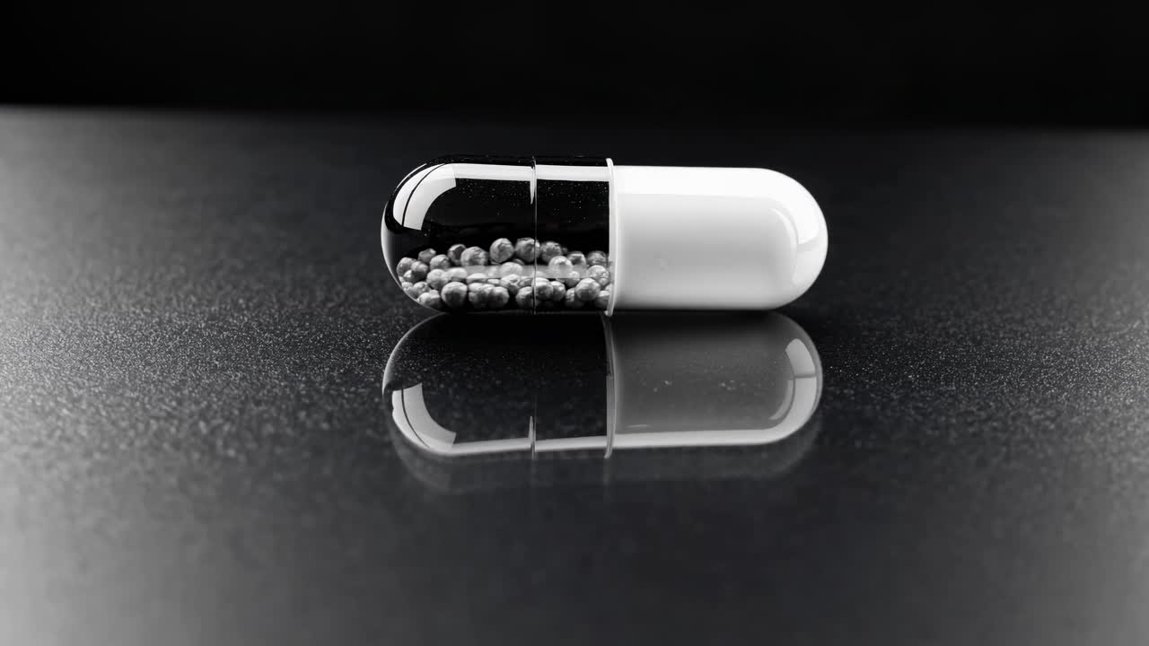 Close-up, low-angle shot of a reflective capsule on a dark surface, emphasizing contrast and detail