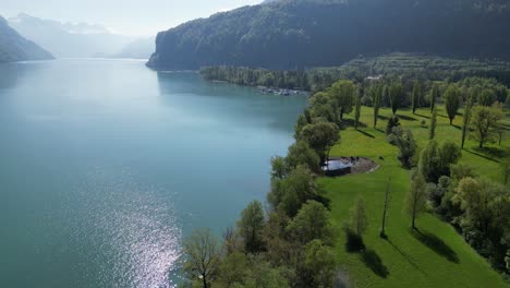 beautiful shore of klontalersee lake nestled in lush green alpine trees