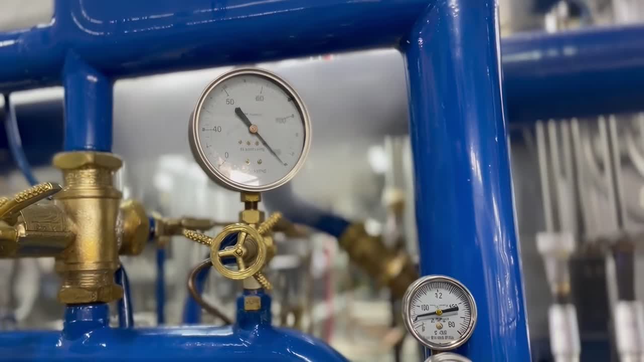 Close-up video of industrial gauges on blue pipes, captured from a side angle