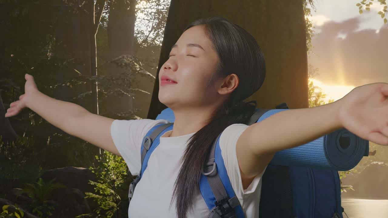 숲에서 산책하는 행복한 여자