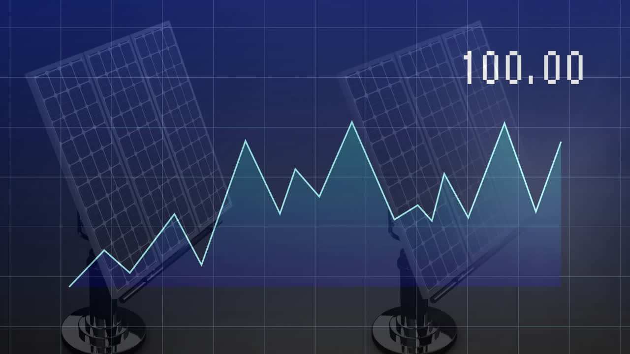 paneles solares y animación de gráficos fluctuantes, que indican los datos de producción de energía
