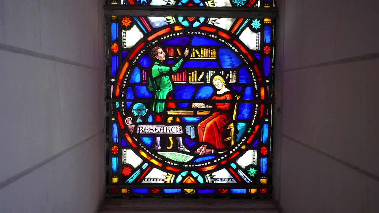 Stained glass window depicting the theme of research