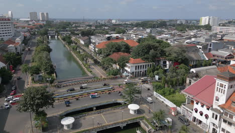 el tráfico fluye sobre el canal alimentado por el océano cerca de los edificios históricos de la antigua batavia jakarta