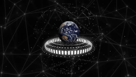 Animation-of-globe-with-icons-and-data-processing-over-black-background