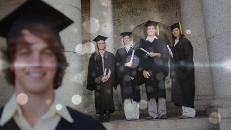 grupo de estudiantes internacionales felices en vestidos de soltero con diplomas