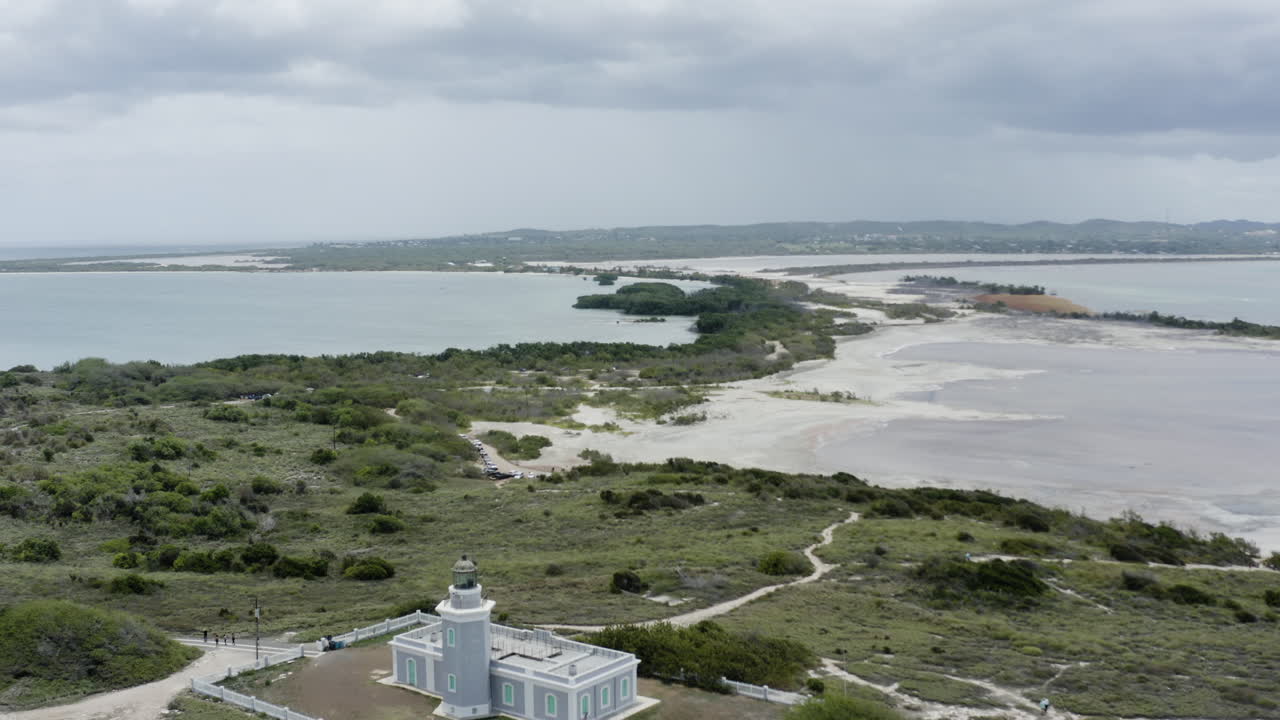 tire hacia atrás sobre el faro de faro morrillos, un popular destino turístico y punto de referencia en cabo rojo puerto rico