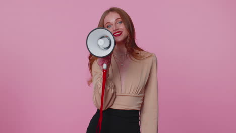 Businesswoman-girl-talking-with-megaphone,-proclaiming-news,-loudly-announcing-sale-advertisement