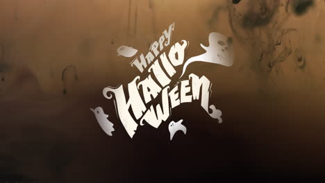 animation of happy halloween text and ghosts over brown and black background