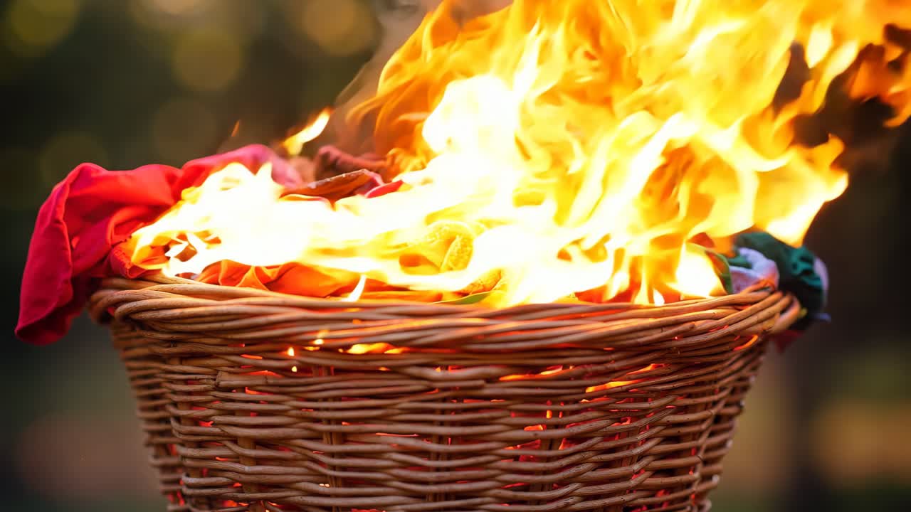 una canasta llena de ropa en llamas en el medio de un campo
