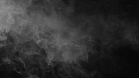 a heavy, dense cloud of white fog churns slowly on the left side of a black screen. creates powerful, moody, or stormy atmosphere