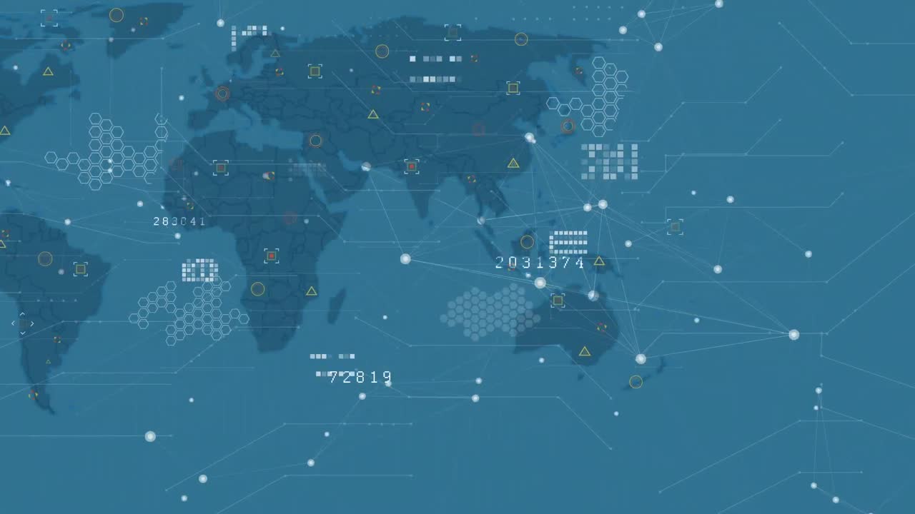 animación de la red de conexiones sobre el mapa del mundo contra fondo azul