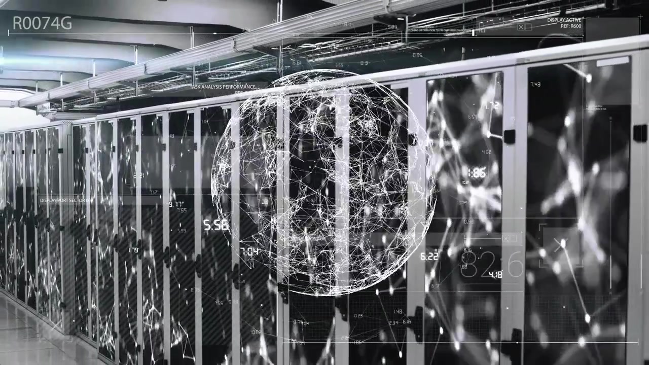 Animation of globe of connections with data processing over server room