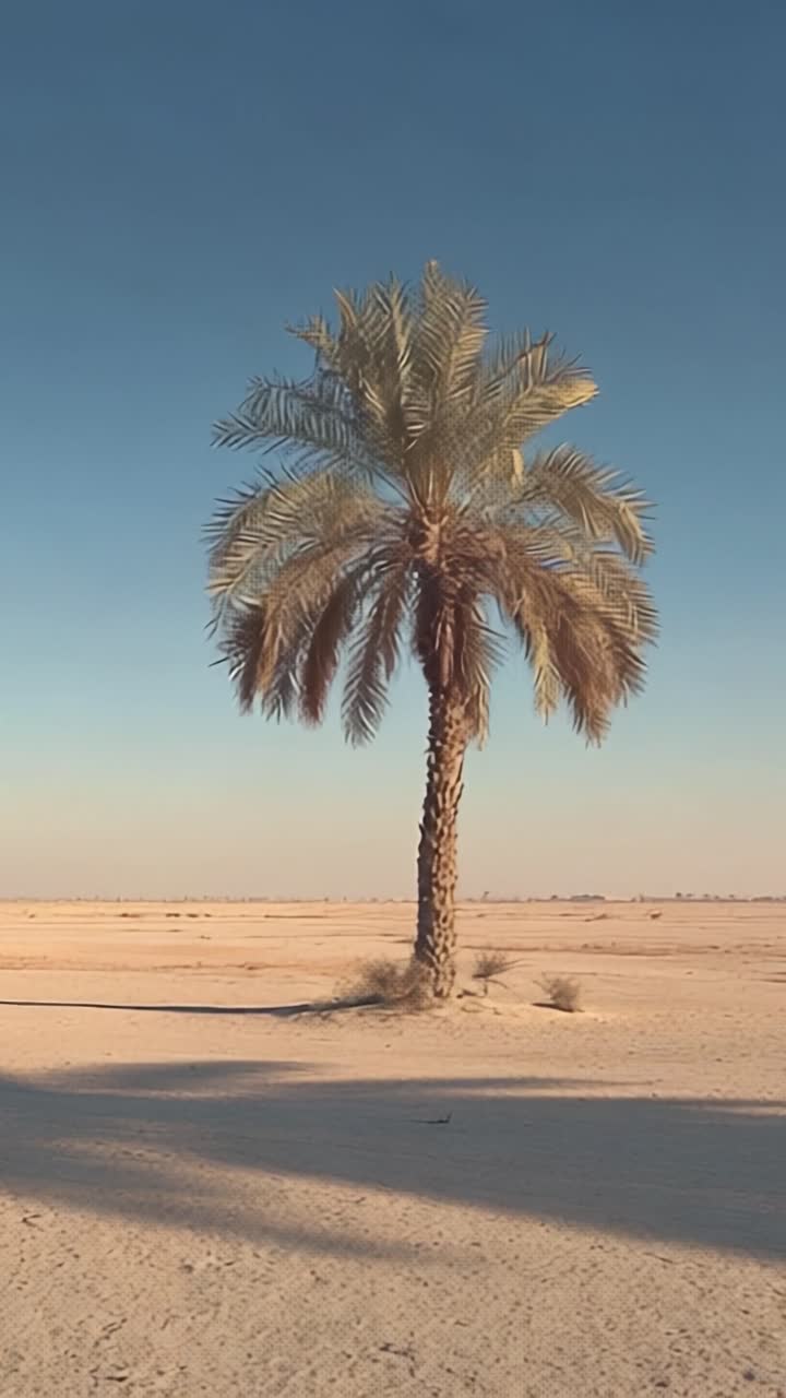 Una Palma Solitaria Si Erge Resiliente Contro la Vasta Distesa di un Paesaggio Desertico, Catturando la Serenità e la Bellezza della Natura in un Ambiente in Evoluzione