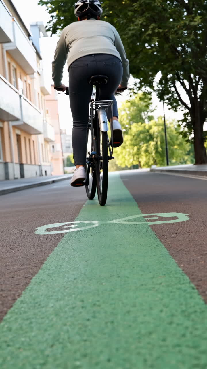 Person Cycling on a Green Bike Lane in the City