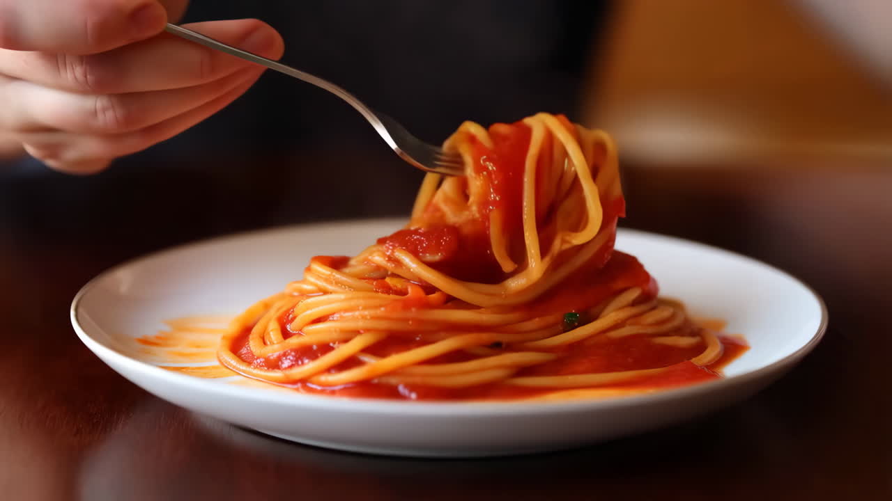 Spaghetti with tomato sauce being twirled on a fork