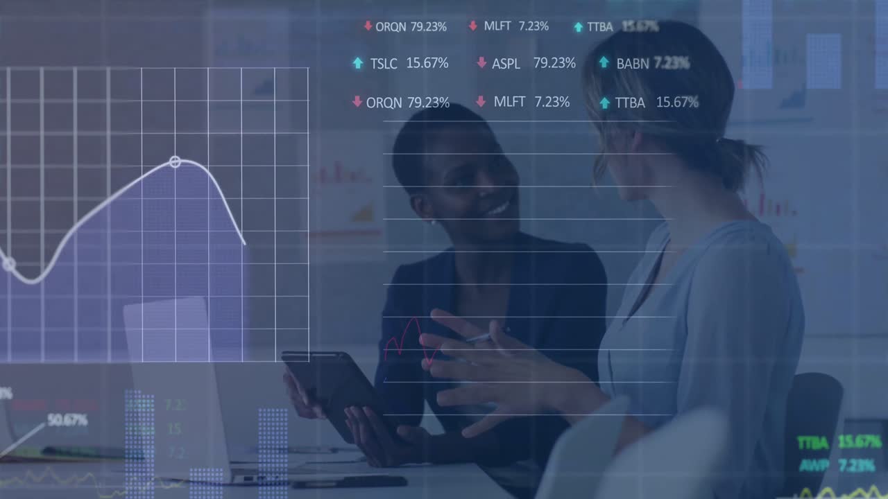 animación de datos financieros y gráficos sobre diversas compañeras de trabajo en la oficina