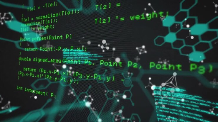 Animation of computer and scientific data processing on black background
