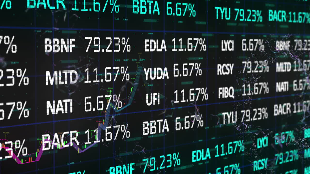 Animazione di elaborazione dati e mercato azionario su forme in movimento su sfondo nero