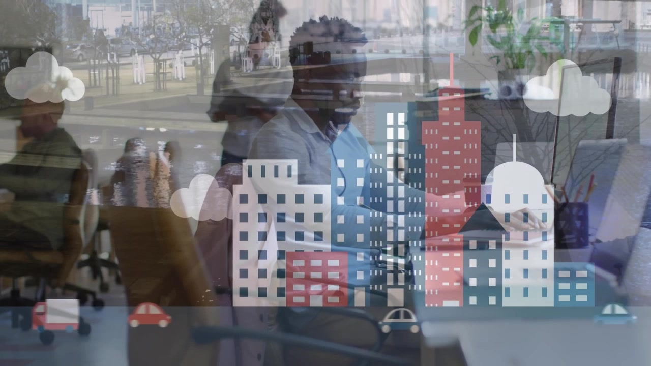 Animation d’un paysage urbain au-dessus de personnes travaillant dans un bureau