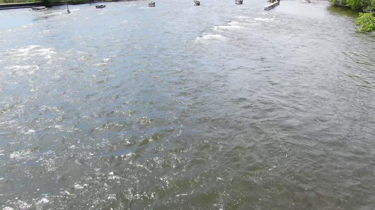 Drone Flyover Rushing Water near Dam, Appleton Wisconsin, Daytime