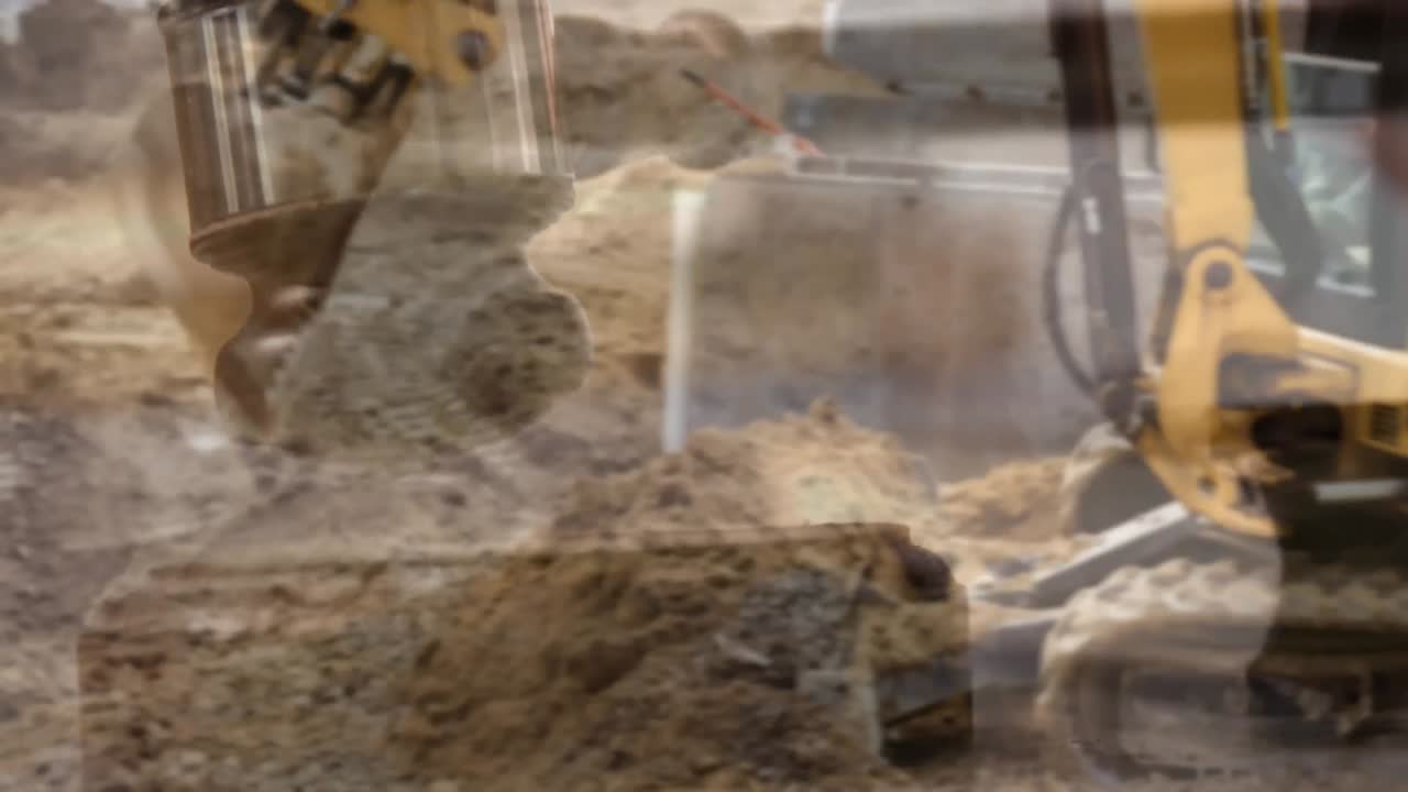 건설 현장에서의 발굴기의 디지털 애니메이션 4k