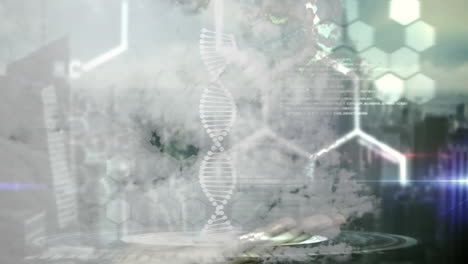 Open hand presenting clear holographic DNA helix while floating hex grid and code streams animating