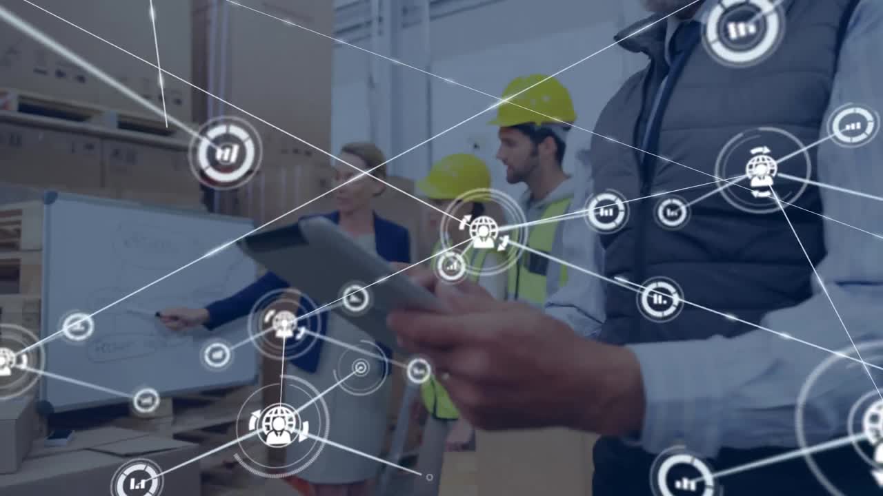 animación de la red de conexiones con iconos sobre diversos trabajadores en el almacén