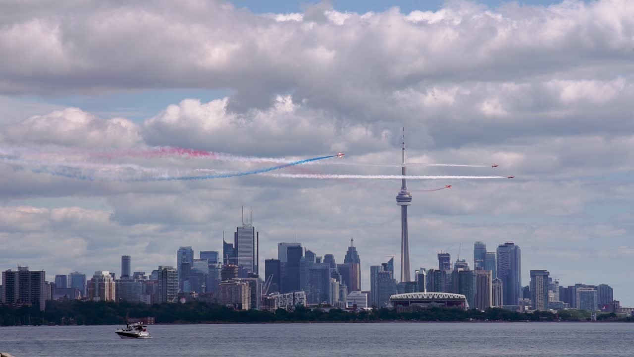 Colorful, fascinating air show in Toronto, Canada - extreme wide shot