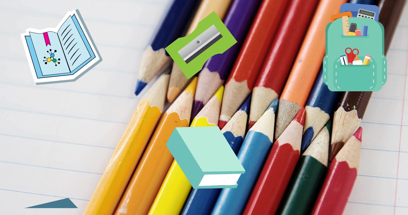 Animation of schoolbag and school equipment moving over coloured pencils on notebook