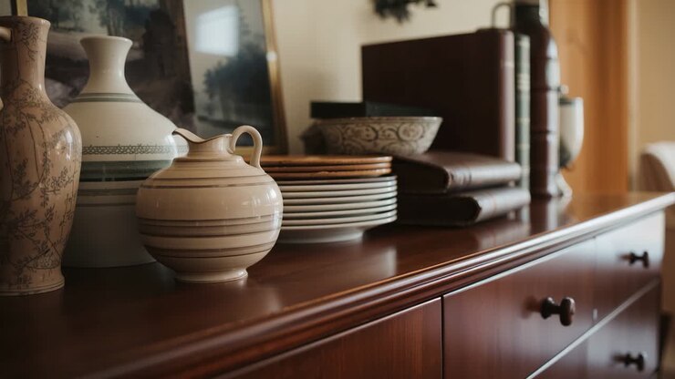 Gliding camera tracking cream-brown sugar bowl on sideboard at home, revealing plates and carafe