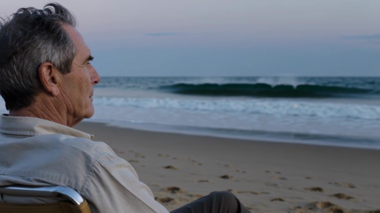 Revealing waves, camera urging senior watching in folding chair on shore in light shirt, copy space