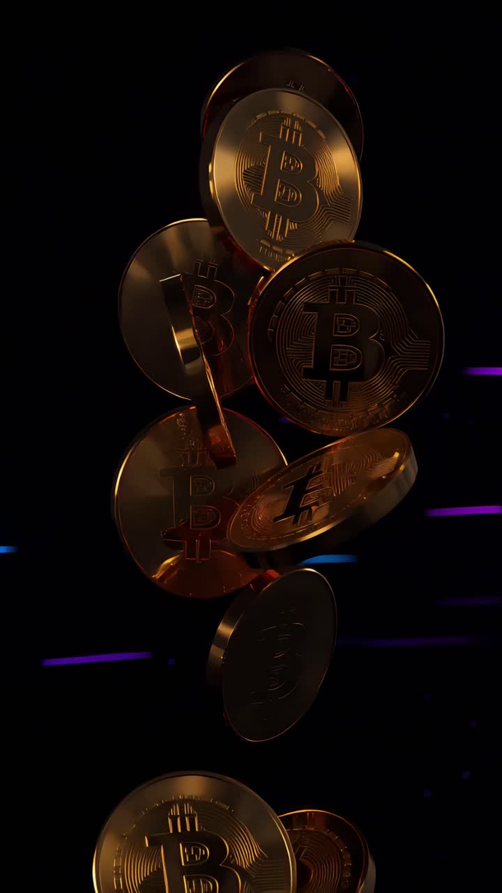 Animación de Bitcoin dorado girando sobre fondo oscuro. Cripto cinematográfico 4K