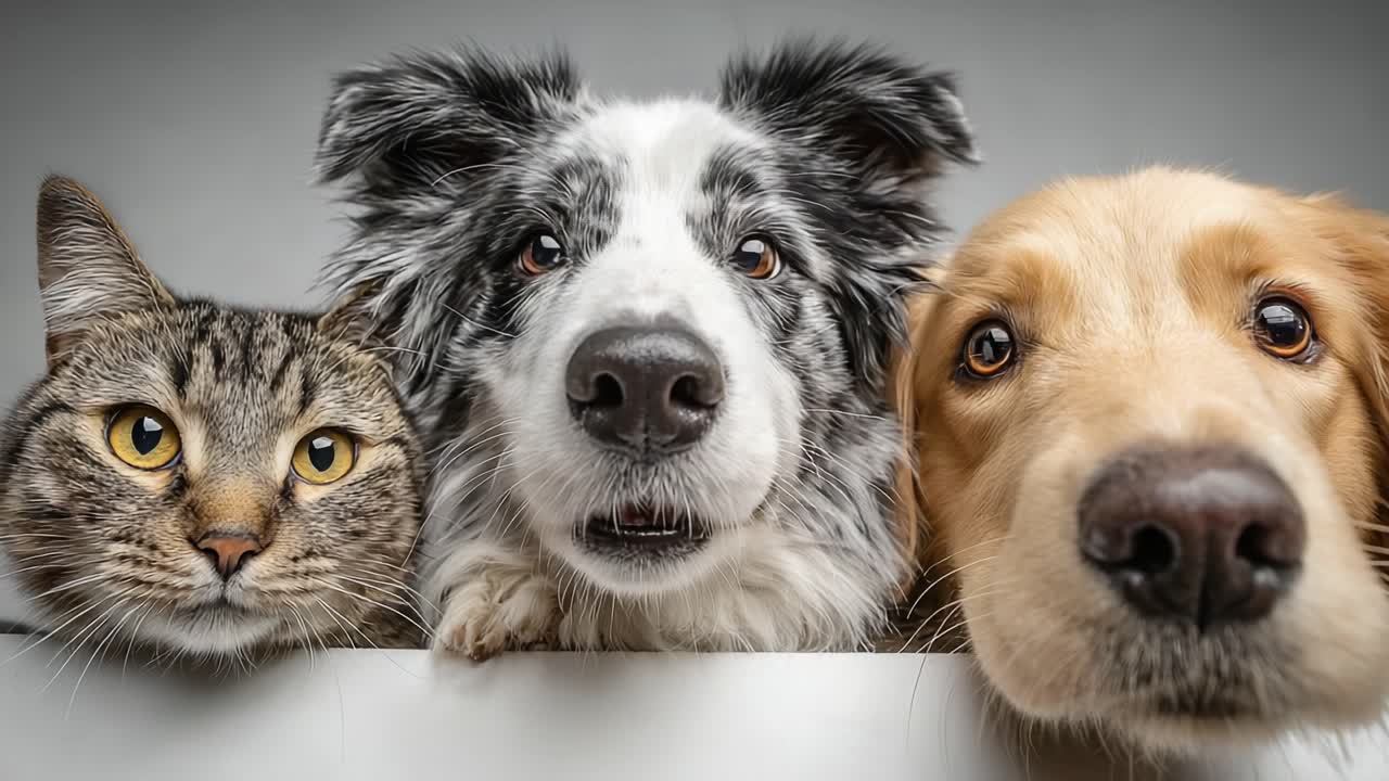 A Heartwarming Trio: Captivating Close-Up Shots of a Cat, Dog, and Puppy Showcasing Their Unique Personalities and Expressions Against a Neutral Background