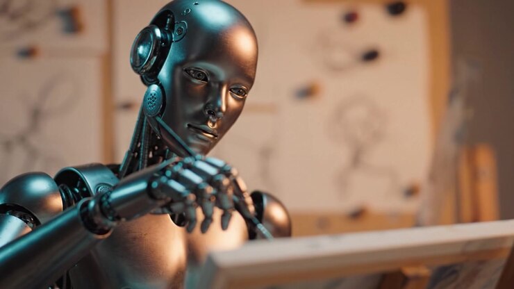 Un artista robot umanoide futuristico che crea meticolosamente opere d'arte su una tela, mostrando l'intersezione tra tecnologia e creatività nell'arte moderna