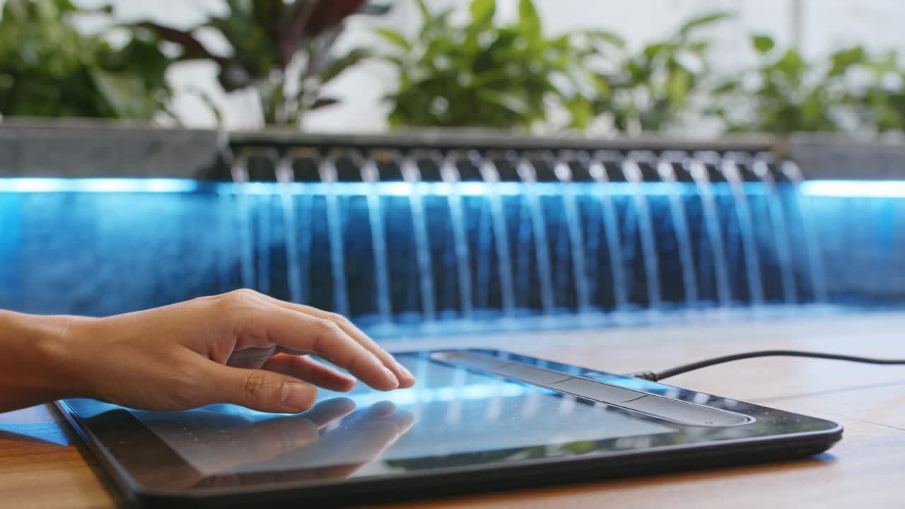 Mano sobrevolando y tocando una tableta, haciendo que la interfaz de usuario animada reaccione al tacto sobre una fuente azul para diseño.