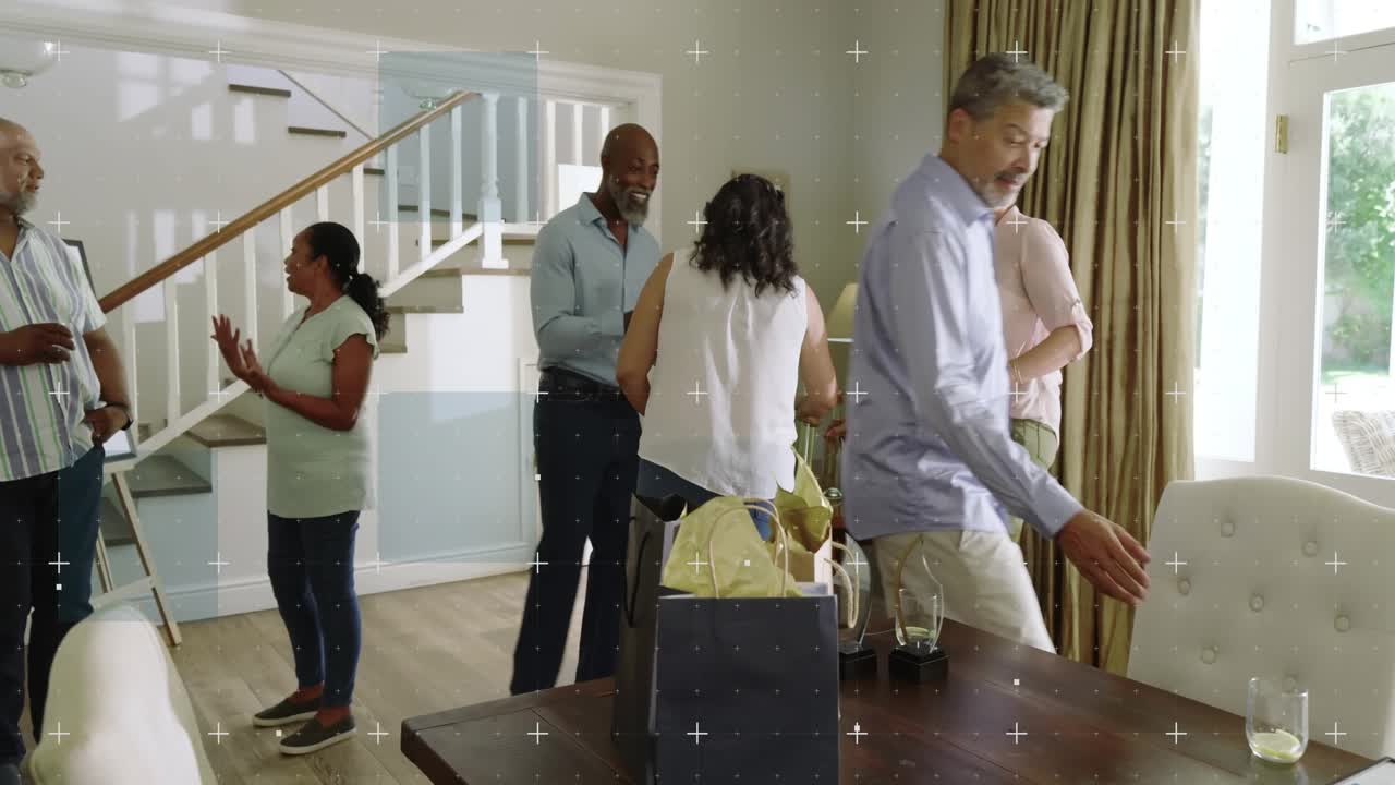 Guests arriving, exchanging gift bags and cups at table, animated labels guiding setup for hosting