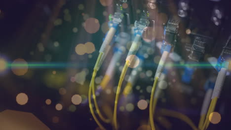 animación de luces y puntos flotando sobre cables de computadora