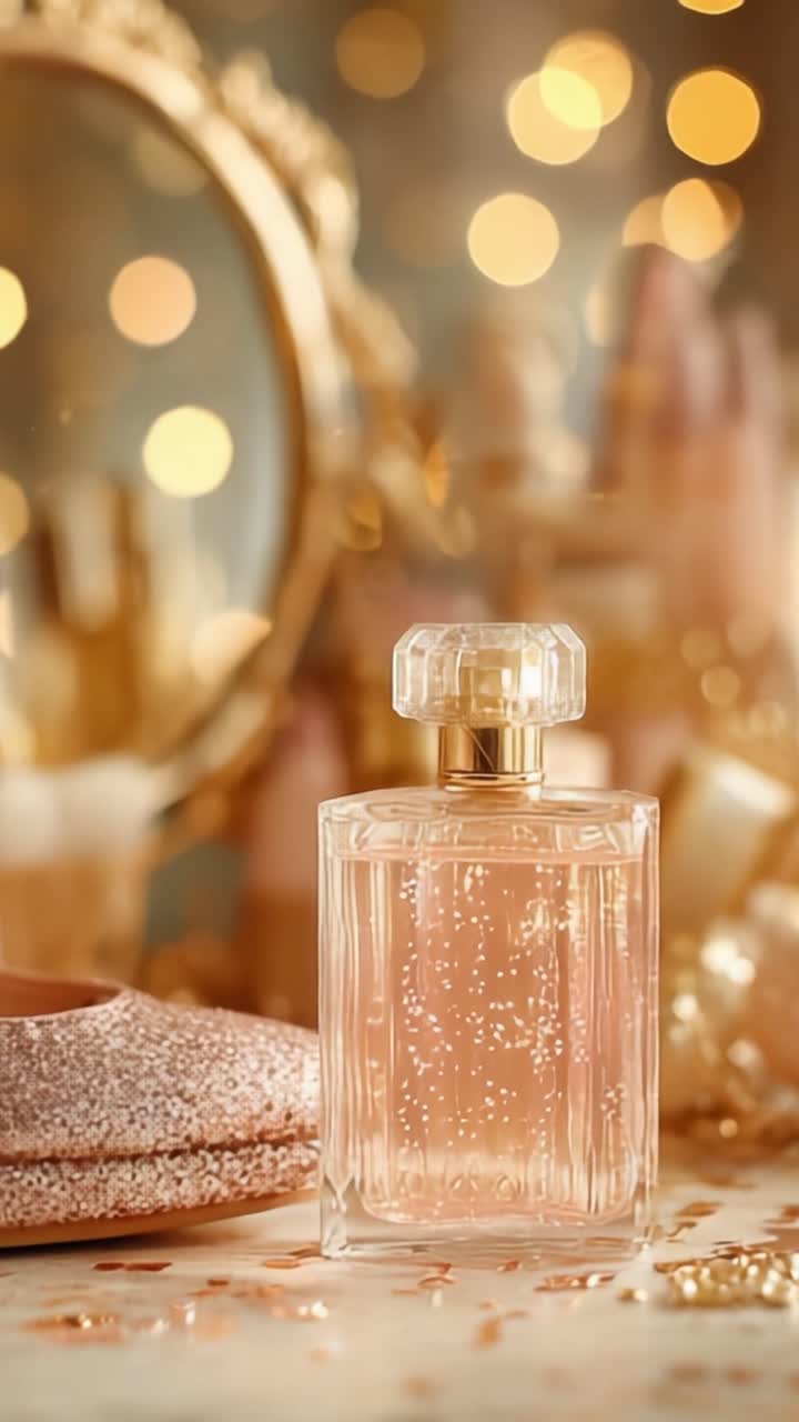 Un'accattivante bottiglia di profumo tra uno sfondo scintillante e accessori eleganti, che mostra bellezza e lusso senza tempo in un ambiente sereno.