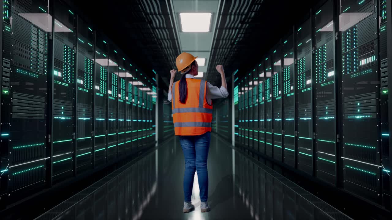Full Body Back View Of A Female Engineer With Safety Helmet Raising Her Hands Celebrating While Working in Server Room Data Center