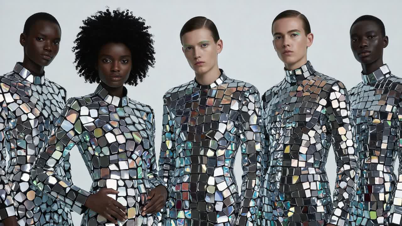 A striking display of fashion innovation featuring a diverse group of models adorned in dazzling mirror-like outfits, showcasing artistry in modern design and collaboration