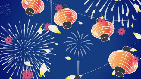 animación de fuegos artificiales de año nuevo y linternas chinas sobre fondo azul