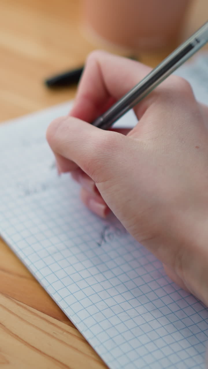 primer plano de escritura a mano con pluma negra en un cuaderno con fondo borroso, muestra enfoque y concentración mientras escribe pensamientos, con fondo suave